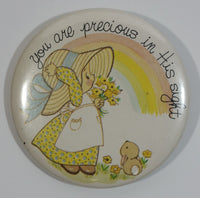"You are precious in this sight" Cute Girl Holding Flowers with Bunny Under Rainbow 2 1/4" Diameter Round Button Pin