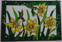 Beautifully Designed Hummingbirds Feeding on Yellow and White Flowers 12" x 18" Metal Framed Stained Painted Glass Window Pane Sun Catcher