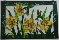 Beautifully Designed Hummingbirds Feeding on Yellow and White Flowers 12" x 18" Metal Framed Stained Painted Glass Window Pane Sun Catcher
