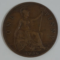 1936 Great Britain King George V One Penny Bronze Coin Currency