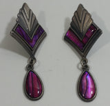 Vintage 1980s Signed Duri Pink and Purple Abalone Art Deco Style Dangle Earrings