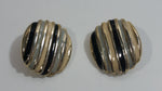 Vintage Enamel Black Grey White Striped Gold Tone Metal Clip On Earrings