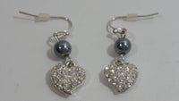 Satin Blue Pearl Clear Rhinestone Encrusted Heart Shaped Dangle Earrings