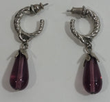 Silver Tone Metal Braided Hoop Amethyst Purple Tear Drop Style Dangle Earrings
