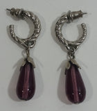 Silver Tone Metal Braided Hoop Amethyst Purple Tear Drop Style Dangle Earrings