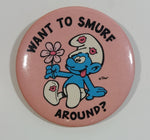 Vintage 1980 Peyo W. Berrie Co. Smurfs "Want To Smurf Around" Pink Round Button Pin