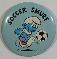 Vintage 1980 Peyo W. Berrie Co. Smurfs "Soccer Smurf" Baby Blue Round Button Pin
