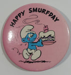 Vintage 1980 Peyo W. Berrie Co. Smurfs "Happy Smurfday" Pink Round Button Pin