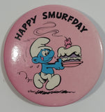Vintage 1980 Peyo W. Berrie Co. Smurfs "Happy Smurfday" Pink Round Button Pin