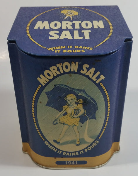 Morton Salt 1941 Advertising When It Rains It Pours 5 1/2" Tall Dark Blue Tin Metal Hinged Lid Container