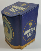 Morton Salt 1941 Advertising When It Rains It Pours 5 1/2" Tall Dark Blue Tin Metal Hinged Lid Container