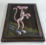 Vintage Signed Mexican Artwork The Pink Panther Rollerskating Original Painting on Black Velvet in Dark Light Weight Wood Frame - Castillo Jr