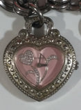 Guess Pink Enamel and Clear Rhinestone Silver Tone Metal Watch, Heart, Key Charm Pendant 7 1/2" Long Bracelet