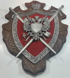 Vintage Cast Metal On Red Velvet and Wood 19" x 26" Medieval Coat of Arms Shield with Sword Wall Decor Piece