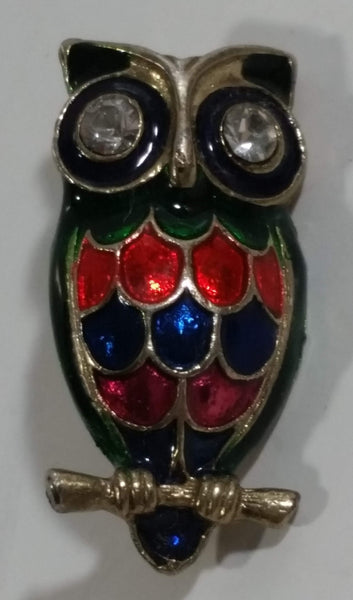 Cloisonne Enamel on Brass Owl Shaped Brooch Pin with Rhinestone Eyes