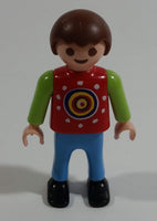 1995 Geobra Playmobil Brown Haired Boy Blue Pants Red Top Green Sleeves 2" Tall Toy Figure