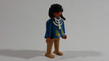 Vintage 1974 Geobra Playmobil Black Haired Native American Indian Man Brown Bottoms Blue Top with White Necklace 3" Tall Toy Figure