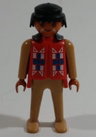 Vintage 1974 Geobra Playmobil Black Haired Native American Indian Man Tan Bottoms Orange Top Tan Sleeves with Armor/Cape Accessory 3" Tall Toy Figure