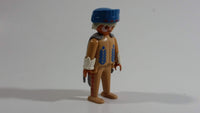 Vintage 1974 Geobra Playmobil White Haired Native American Indian Man Brown Bottoms Brown Top with White Cuffs, Grey Hide Cape, Blue Hat 3" Tall Toy Figure