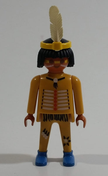 1993 Geobra Playmobil Black Haired Native American Indian Man Yellow Bottoms Yellow Top with Yellow Band with White Feather 3" Tall Toy Figure