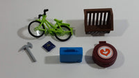 Geobra Playmobil Green Bicycle, Brown Hay Trough, Blue Cushion, Blue Suitcase, Grey Axe, Brown Horse First Aid Box Lot of 6 Accessories