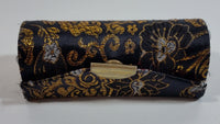 Fabric Covered Golden Flower Embroidered Black Lipstick Holder Case with Little Mirror