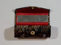 Fabric Covered Golden Flower Embroidered Black Lipstick Holder Case with Little Mirror