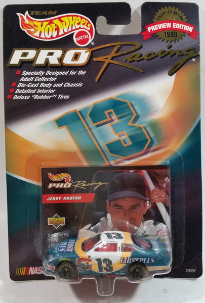 1997 Hot Wheels Pro Racing 1998 Preview Edition NASCAR #13 Jerry Nadeau First Plus 1994 Ford Taurus Teal Green Die Cast Toy Race Car Vehicle with Upper Deck Trading Card - New in Package Sealed
