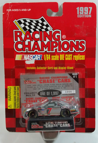 1997 Racing Champions "Chase" Cars NASCAR #7 Geoffrey Bodine QVC Ford Chrome Die Cast Toy Race Car Vehicle with Collector Card and Display Stand - New in Package Sealed