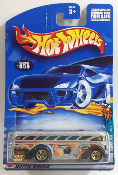 2002 Hot Wheels Spares 'N Strikes Surfin' School Bus Metalflake Silver Die Cast Toy Car Vehicle New in Package Sealed