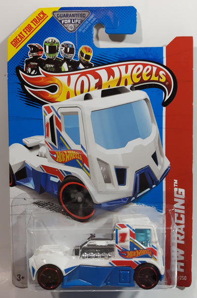 2013 Hot Wheels HW Racing Rennen Rig White Blue Die Cast Toy Car Vehicle New in Package
