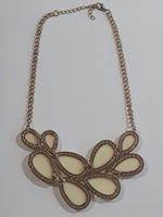 White Plastic Flower Petal Style 17" Long Golden Tone Metal Necklace