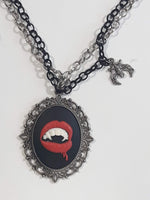 Vampire Mouth and Bat Themed 22" Long Black Double Chain Necklace with Heart and Bar Clasp