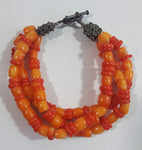 Three Layer Light Orange and Dark Orange Bead 2" Diameter Metal Locket Style Bar Clasp Bracelet