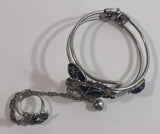 Black Enamel with Plastic Faux Black Howlite Metal Bracelet with Chain Attached Ring