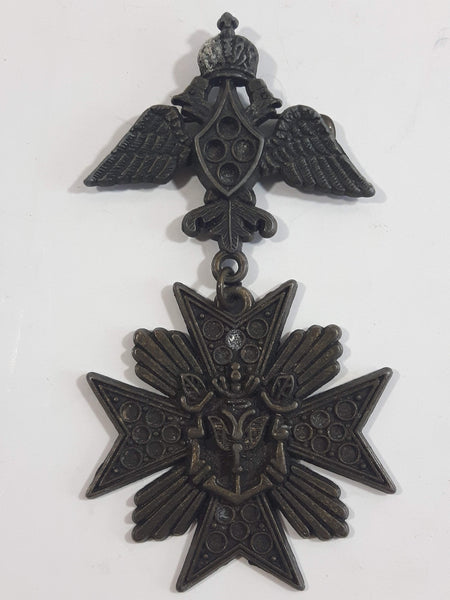 Vintage Imperial Russia Double Headed Eagle with Crown Metal Pin with Maltese Cross Pendant Attachment