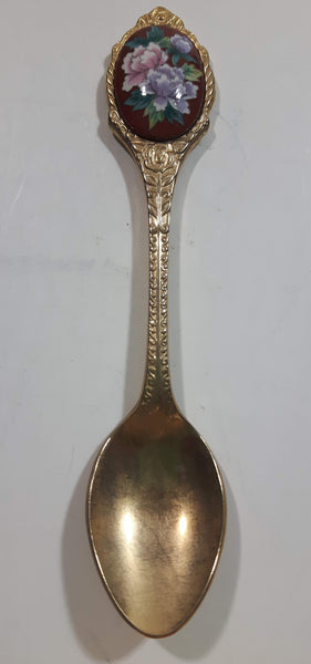 Pink and Purple Flowers on Red Enamel Stainless Gold Tone Metal Spoon