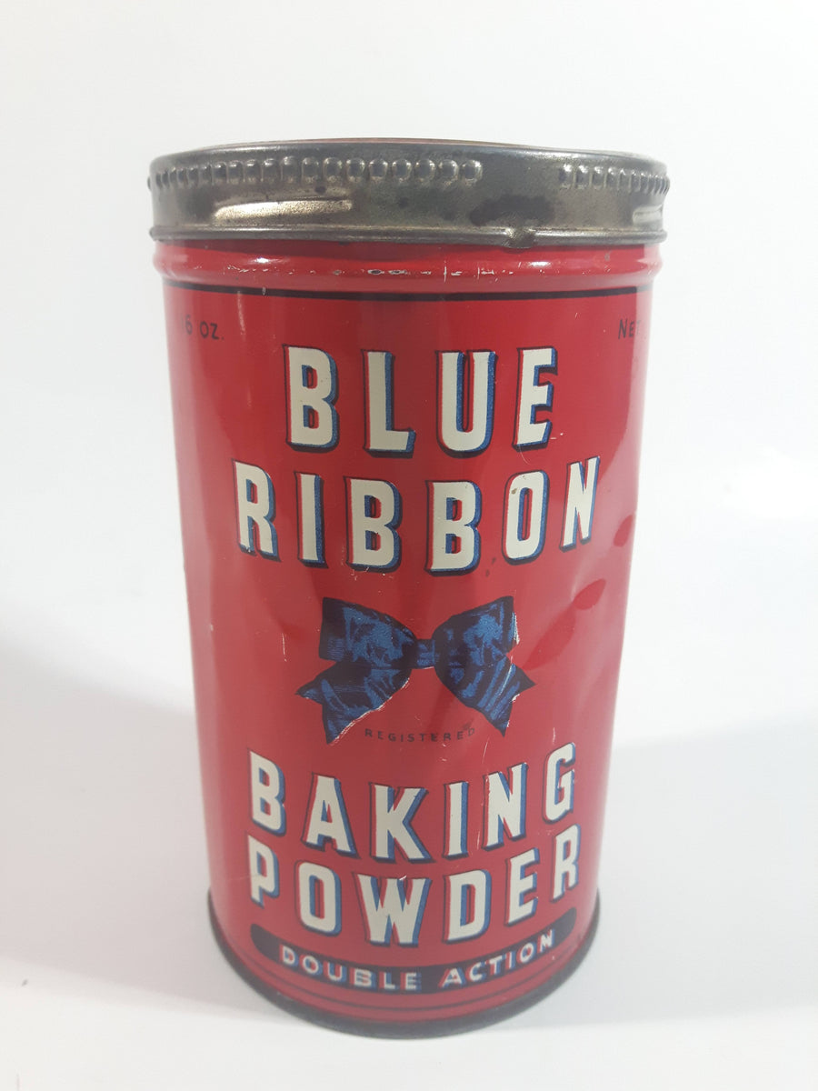 Vintage Blue Ribbon Double Action Baking Powder 16 oz. Red Tin Metal C ...