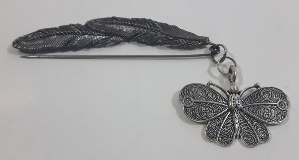 Vintage Silver Tone Feather and Butterfly Combination Brooch Pin