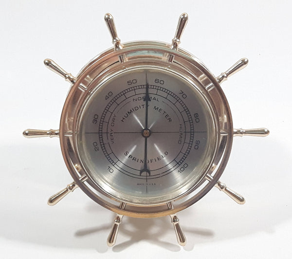 Vintage Springfield Humidity Meter in Brass Tone Plastic Ship's Wheel Mad in U.S.A. Hackensack, New Jersey