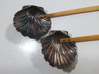 Vintage Bamboo or Bakelite Handle Clam Shell Shaped Silver Plated Spoons Set of 2