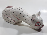 Indonesia Hand Painted White Black Spotted Wooden Carved Cat Sculpture Leaning off Table