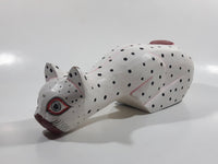 Indonesia Hand Painted White Black Spotted Wooden Carved Cat Sculpture Leaning off Table
