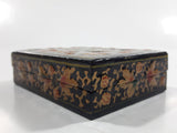 Black Lacquer Raised Parrot Leaves and Berries Small Wood Trinket Box