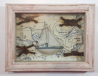 Glass Covered Sail Boat on Ocean Maps Sailors Knots Nautical Themed Wood Shadow Box 6" x 8"