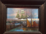 Vintage Foil Art Print of Sailboats and Tall Ships in a Harbor 9 3/8" x 11 1/4"