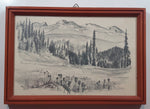 Vintage 1972 February Moutray Pencil Sketch Drawing of Mountains and Valley with Trees Artwork Picture Wood Frame 7 1/2" x 10 3/4"