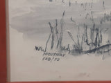 Vintage 1972 February Moutray Pencil Sketch Drawing of Mountains and Valley with Trees Artwork Picture Wood Frame 7 1/2" x 10 3/4"