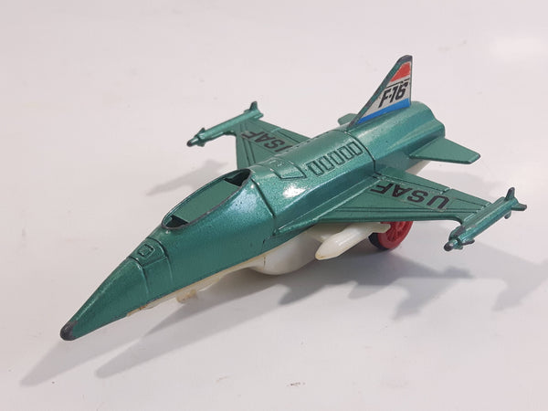 Vintage Dyna Plane No. 2014 F-16 Fighter Jet USAF Teal Green Pull Back Motorized Friction Die Cast Toy Airplane - Missing the Canopy and Front Wheel