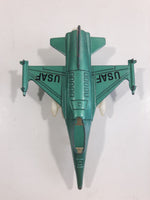 Vintage Dyna Plane No. 2014 F-16 Fighter Jet USAF Teal Green Pull Back Motorized Friction Die Cast Toy Airplane - Missing the Canopy and Front Wheel